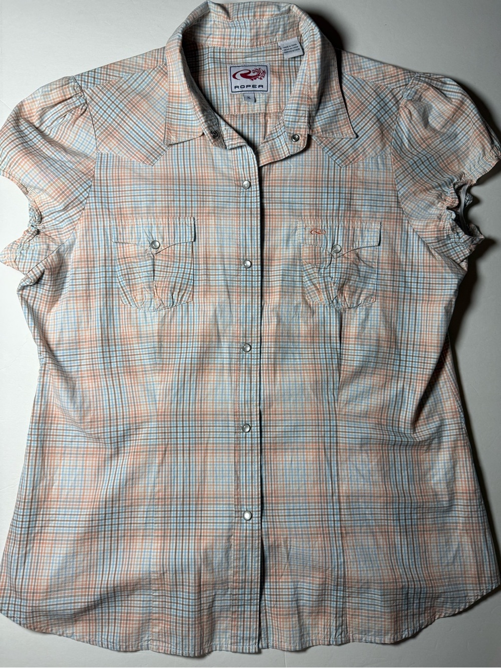Roper XL Western Plaid Snap Button Shirt Peach Blue Puff Sleeve 100% cotton top - Picture 3 of 9